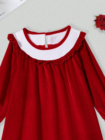 1pc Red Velvet Collar & White Ruffle Trim Long Sleeve Dress, Fall/Winter
