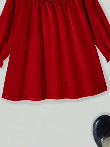 1pc Red Velvet Collar & White Ruffle Trim Long Sleeve Dress, Fall/Winter