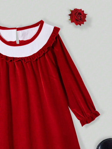 1pc Red Velvet Collar & White Ruffle Trim Long Sleeve Dress, Fall/Winter