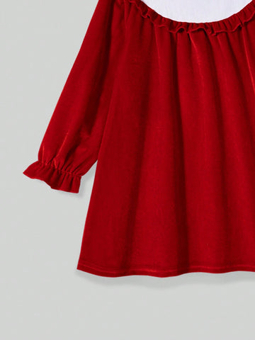 1pc Red Velvet Collar & White Ruffle Trim Long Sleeve Dress, Fall/Winter