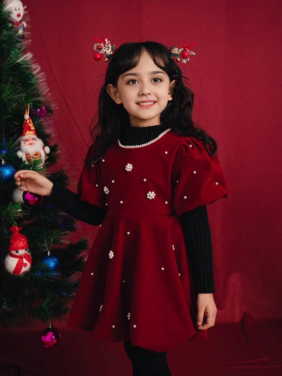 1pc Red Velvet Puff Sleeve Beaded Princess Dress For Young Girls, Autumn/Winter