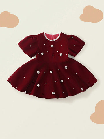1pc Red Velvet Puff Sleeve Beaded Princess Dress For Young Girls, Autumn/Winter