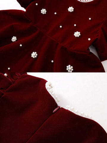 1pc Red Velvet Puff Sleeve Beaded Princess Dress For Young Girls, Autumn/Winter