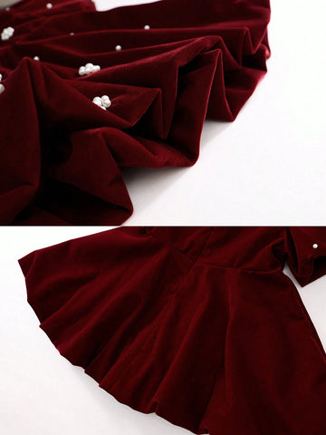 1pc Red Velvet Puff Sleeve Beaded Princess Dress For Young Girls, Autumn/Winter