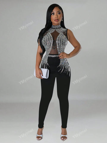 1pc Rhinestone Decorated Stand Collar Mesh Splicing Sleeveless Racy Jumpsuit