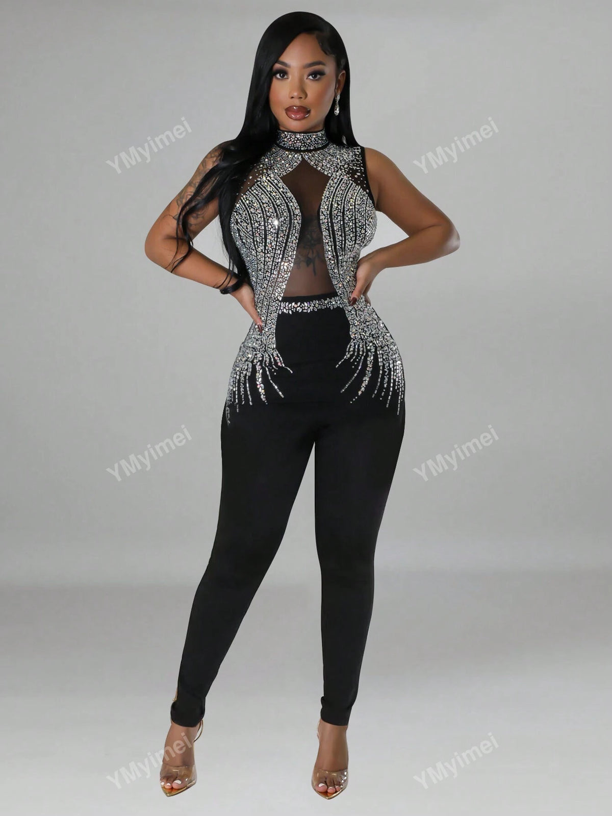 1pc Rhinestone Decorated Stand Collar Mesh Splicing Sleeveless Racy Jumpsuit