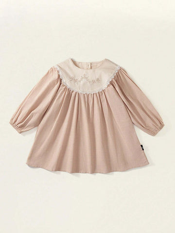 1pc Romantic French-Style Pure Cotton Solid Color Apricot Embroidered Lace Collar Sweet And Lovely Long-Sleeved Princess Dress A-Line Skirt For Girls, Vacation And Casual Wear In Spring And Autumn