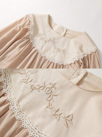 1pc Romantic French-Style Pure Cotton Solid Color Apricot Embroidered Lace Collar Sweet And Lovely Long-Sleeved Princess Dress A-Line Skirt For Girls, Vacation And Casual Wear In Spring And Autumn