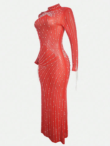 1pc Sexy Rhinestone Studded Stand Collar Fitted Fishtail Dress