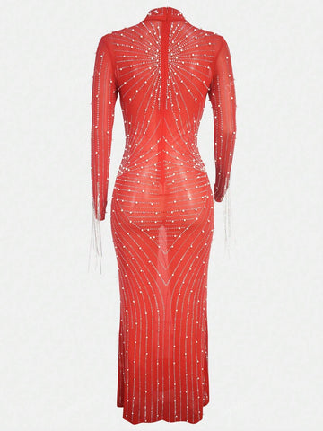 1pc Sexy Rhinestone Studded Stand Collar Fitted Fishtail Dress