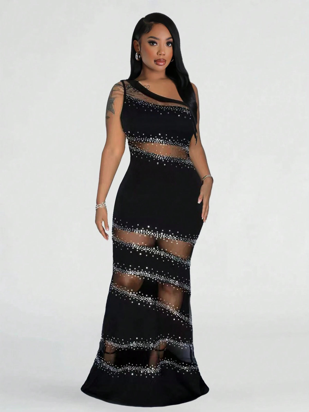 1pc Sleeveless Rhinestone Embellished Sexy Semi-Sheer Midi Dress