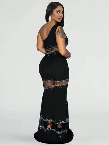 1pc Sleeveless Rhinestone Embellished Sexy Semi-Sheer Midi Dress