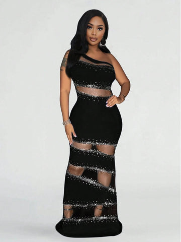 1pc Sleeveless Rhinestone Embellished Sexy Semi-Sheer Midi Dress