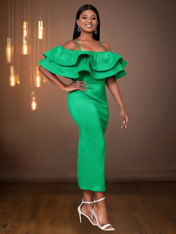 Solid Color Ruffle Ruffle Trim Split Fitted Christmas Party Dress