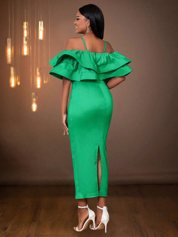 Solid Color Ruffle Ruffle Trim Split Fitted Christmas Party Dress