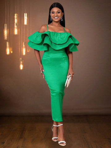 Solid Color Ruffle Ruffle Trim Split Fitted Christmas Party Dress