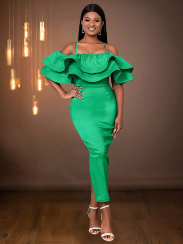 Solid Color Ruffle Ruffle Trim Split Fitted Christmas Party Dress