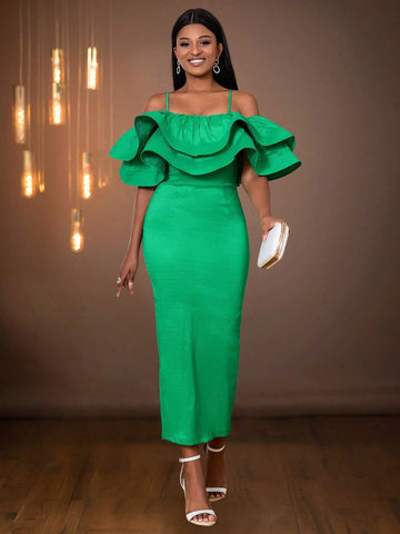 Solid Color Ruffle Ruffle Trim Split Fitted Christmas Party Dress