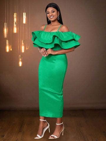 Solid Color Ruffle Ruffle Trim Split Fitted Christmas Party Dress