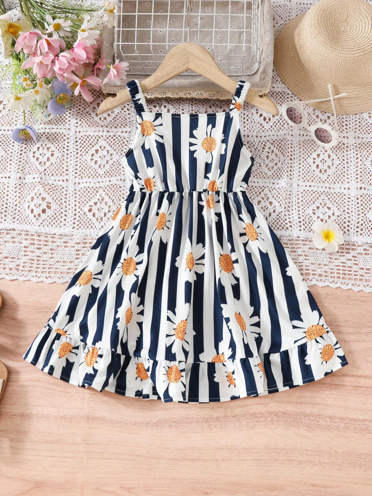 1pc Summer Elastic Strap Girls' Flower Striped Dress
