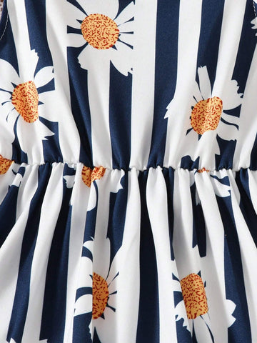 1pc Summer Elastic Strap Girls' Flower Striped Dress