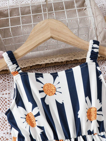 1pc Summer Elastic Strap Girls' Flower Striped Dress