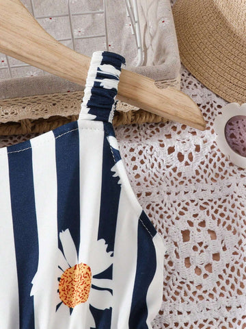 1pc Summer Elastic Strap Girls' Flower Striped Dress