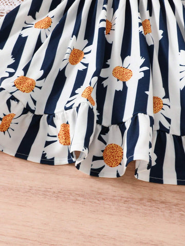 1pc Summer Elastic Strap Girls' Flower Striped Dress