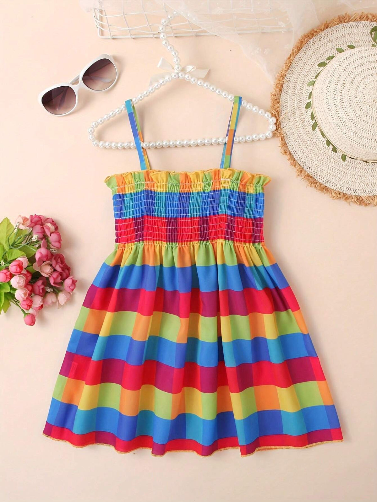 1pc Summer Plaid & Printed Pattern Sling Dress For Girls
