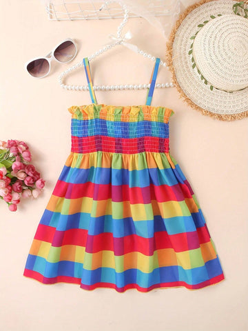 1pc Summer Plaid & Printed Pattern Sling Dress For Girls
