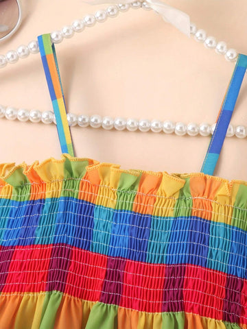 1pc Summer Plaid & Printed Pattern Sling Dress For Girls