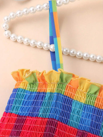 1pc Summer Plaid & Printed Pattern Sling Dress For Girls