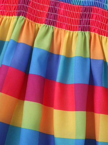 1pc Summer Plaid & Printed Pattern Sling Dress For Girls