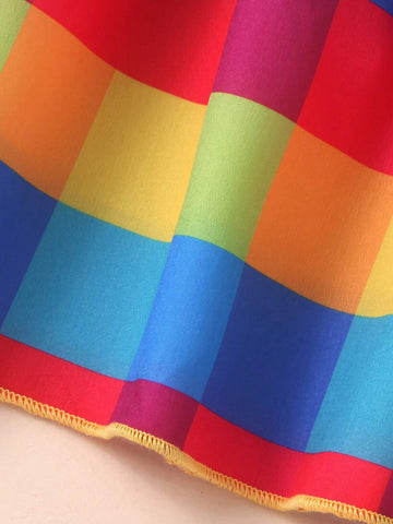 1pc Summer Plaid & Printed Pattern Sling Dress For Girls