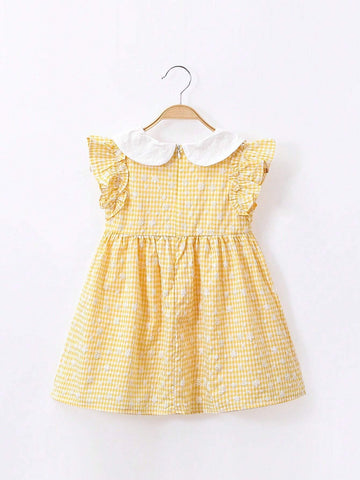 1pc Sweet And Delicate Floral Print Peter Pan Collar Short-Sleeved Check Dress For Toddler Girls, Summer