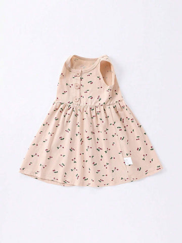 1pc Sweet Cherry Pattern Printed Girls' Vest Dress, Summer