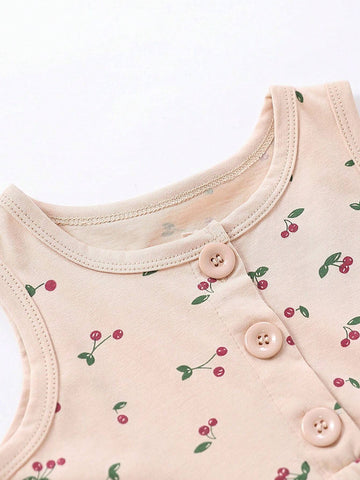 1pc Sweet Cherry Pattern Printed Girls' Vest Dress, Summer