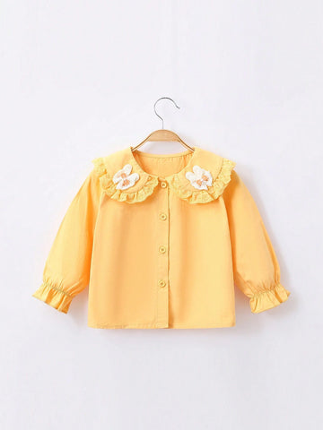 1pc Sweet Girls Peter Pan Collar Butterfly Decor Long Sleeve Shirt, Spring & Autumn