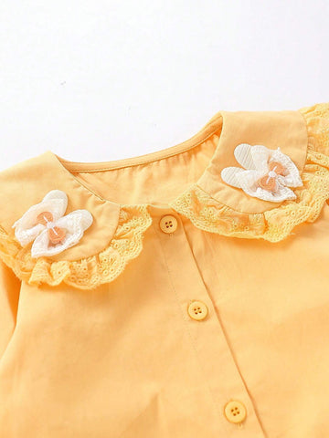 1pc Sweet Girls Peter Pan Collar Butterfly Decor Long Sleeve Shirt, Spring & Autumn