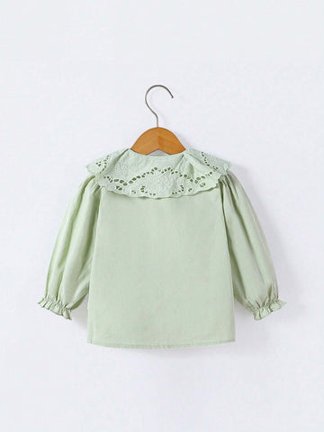 1pc Sweet Plain Color Big Lapel Long Sleeve Blouse For Toddler Girls, Spring & Autumn