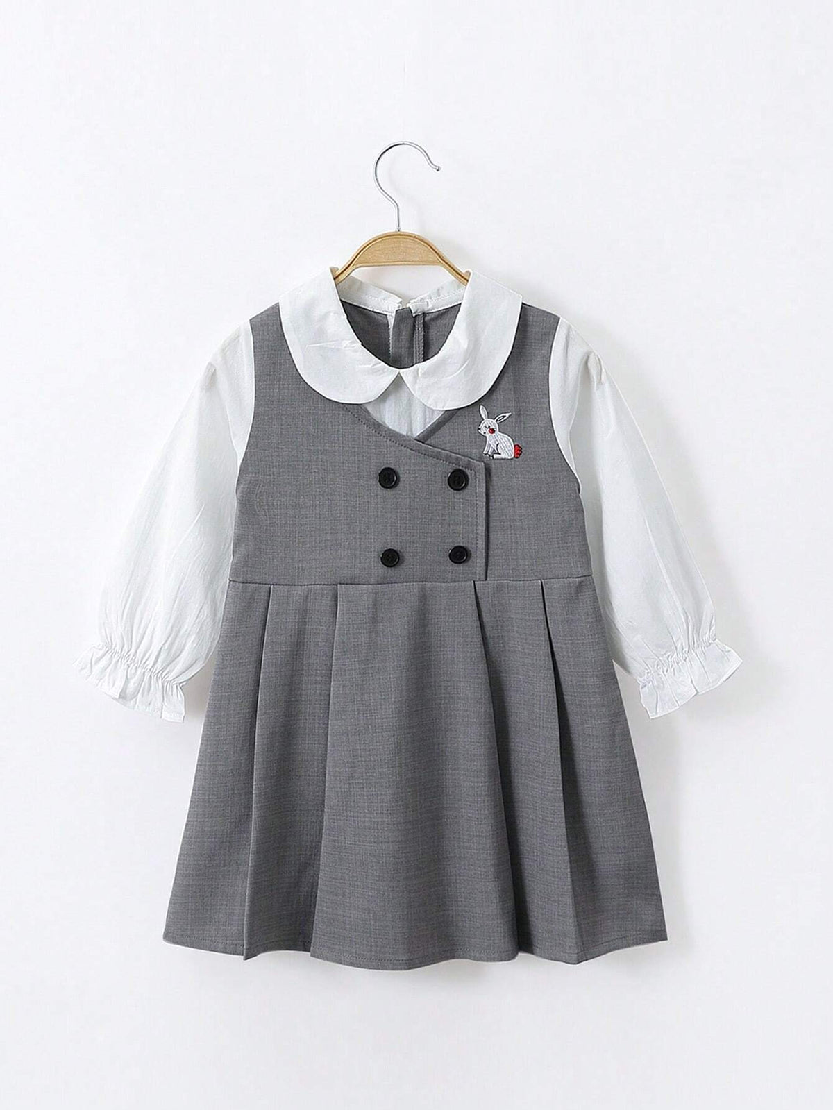 1pc Toddler Girls" Academy Style Bunny Embroidery False Two-Piece Long Sleeve Dress For Spring And Autumn