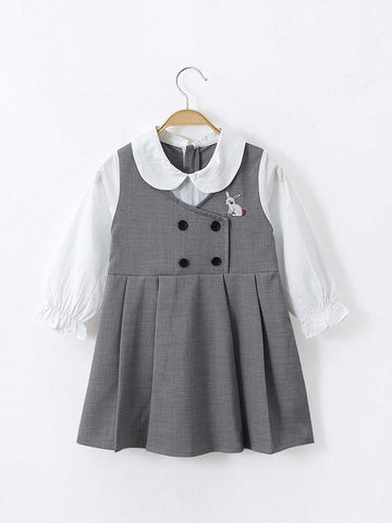 1pc Toddler Girls" Academy Style Bunny Embroidery False Two-Piece Long Sleeve Dress For Spring And Autumn
