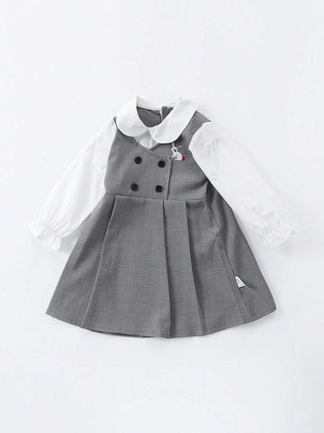 1pc Toddler Girls" Academy Style Bunny Embroidery False Two-Piece Long Sleeve Dress For Spring And Autumn
