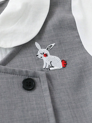 1pc Toddler Girls" Academy Style Bunny Embroidery False Two-Piece Long Sleeve Dress For Spring And Autumn