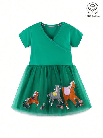 1pc Toddler Girls" Casual Animal Embroidered Patch V-Neck Short Sleeve Dress For Summer