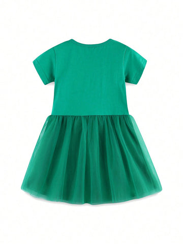 1pc Toddler Girls" Casual Animal Embroidered Patch V-Neck Short Sleeve Dress For Summer