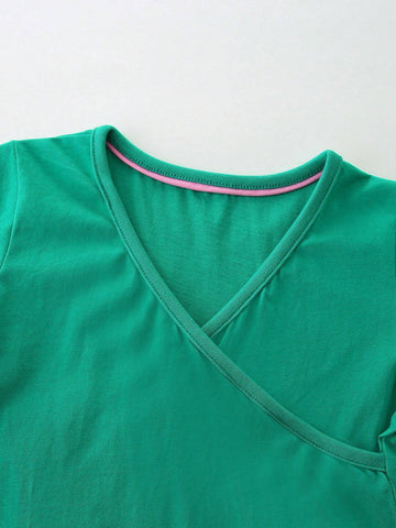 1pc Toddler Girls" Casual Animal Embroidered Patch V-Neck Short Sleeve Dress For Summer