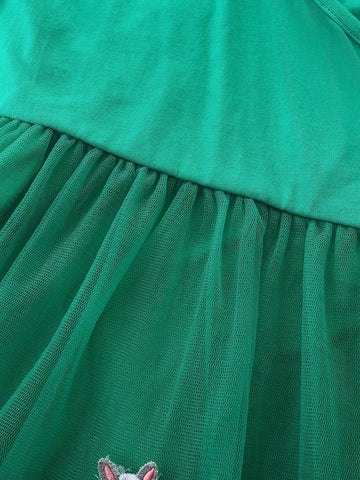 1pc Toddler Girls" Casual Animal Embroidered Patch V-Neck Short Sleeve Dress For Summer