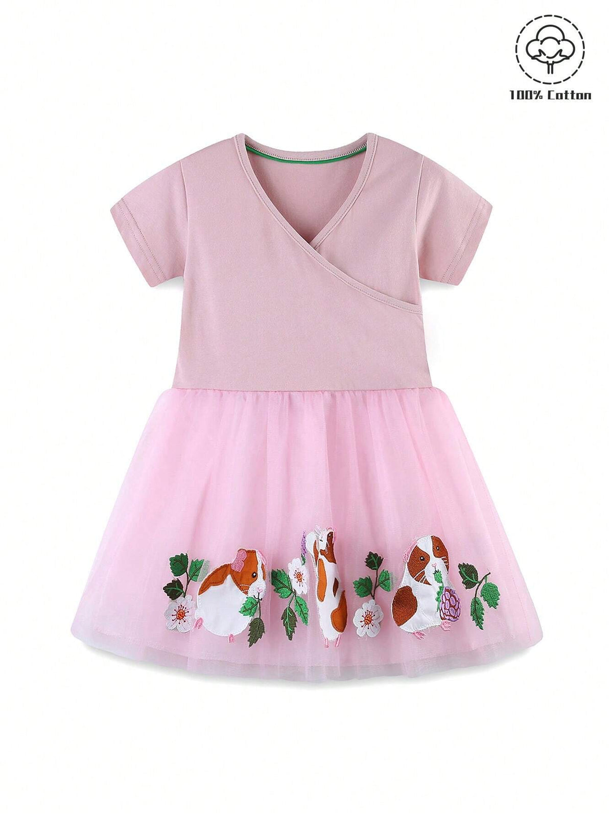 1pc Toddler Girls" Casual Animal Embroidery Patchwork V-Neck Short Sleeve Dress For Summer