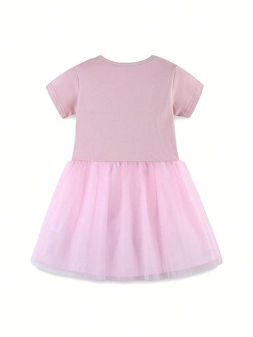 1pc Toddler Girls" Casual Animal Embroidery Patchwork V-Neck Short Sleeve Dress For Summer